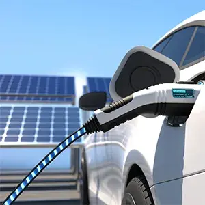 Electric car being charged using energy taken for solar panels